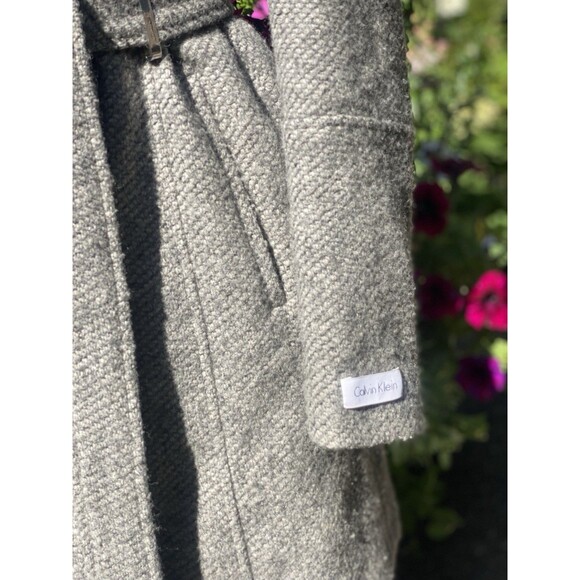 Calvin Klein Wool Blend Grey Herringbone Tweed Hooded Zip Up Overcoat Womens XS - Picture 2 of 8
